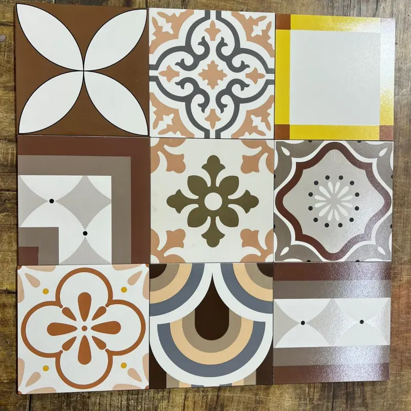 Nine custom screen-printed patterned tiles in brown, terracotta, grey and yellow